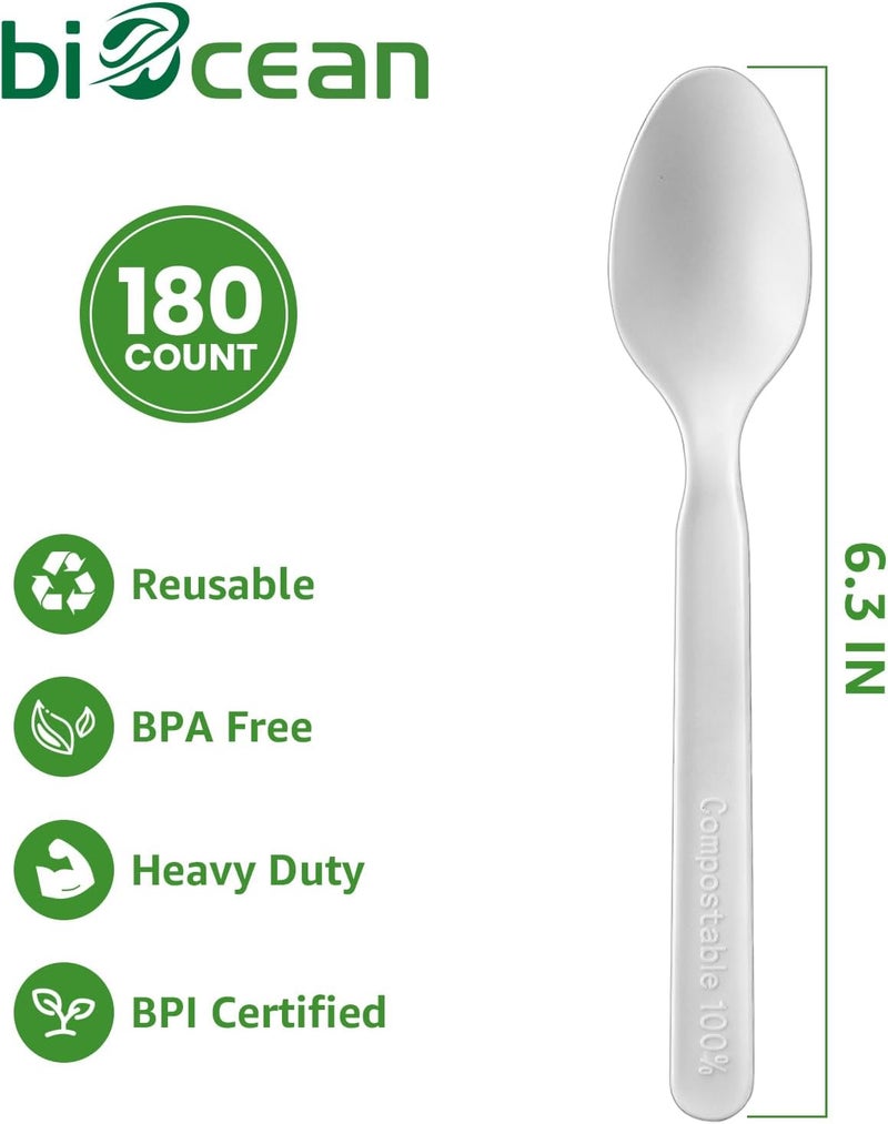 biocean 100% Compostable Spoons 180 Count Disposable Spoons Utensils Set Heavy Duty Spoons Silverware Eco Friendly Flatware for Party Camping Picnics Wedding-Ivory White - Image 2